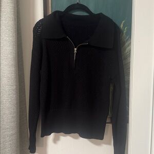 Black Open Knit Quarter Zip Sweater